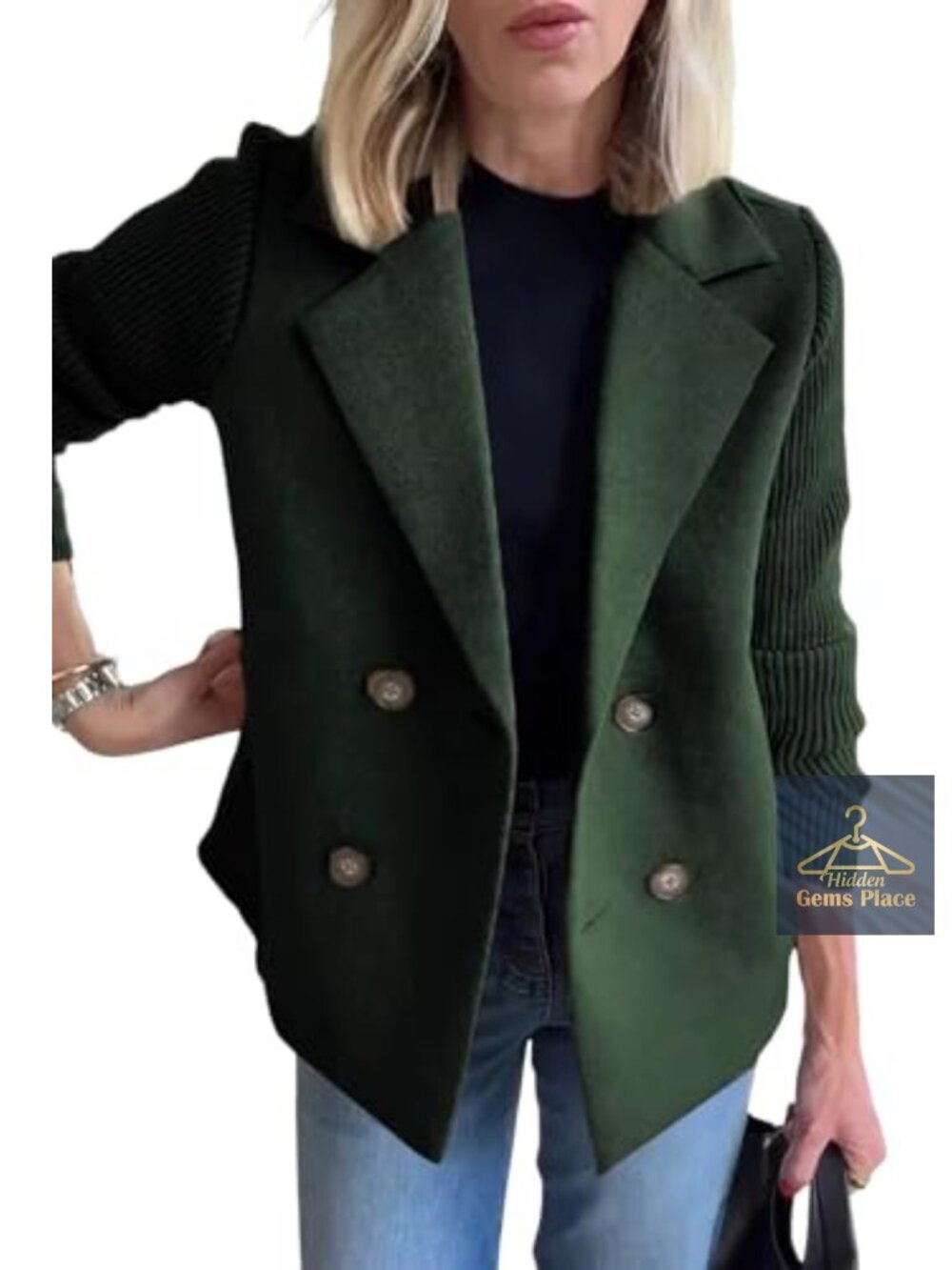 Wool Blend Double Breasted Pea Coat Ribbed Knit Sleeve Blazer Jacket
